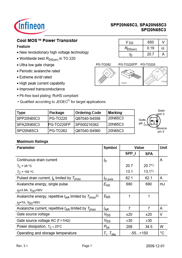 SPP20N65C3