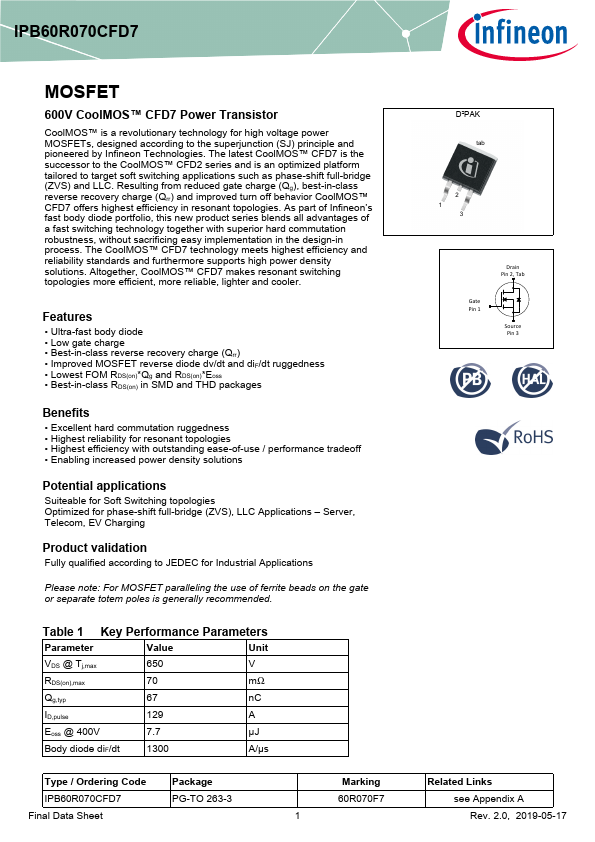 IPB60R070CFD7 Datasheet Preview