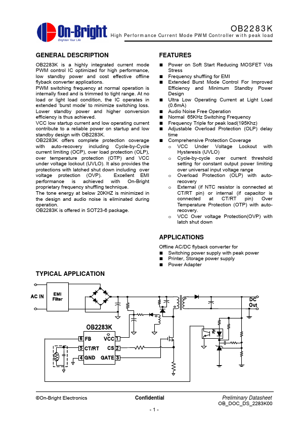 OB2283K High Performance Current Mode PWM Controller by On-Bright Electronics - Datasheet Preview