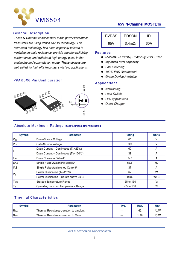VM6504 65V N-Channel MOSFET by Viva Electronics - Datasheet Preview