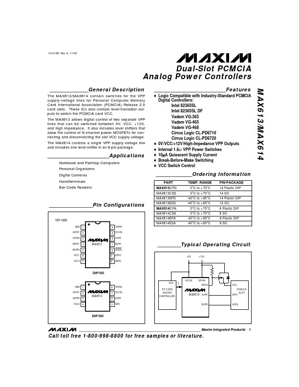 MAX614 Dual-Slot PCMCIA Analog Power Controllers by Maxim Integrated - Datasheet Preview