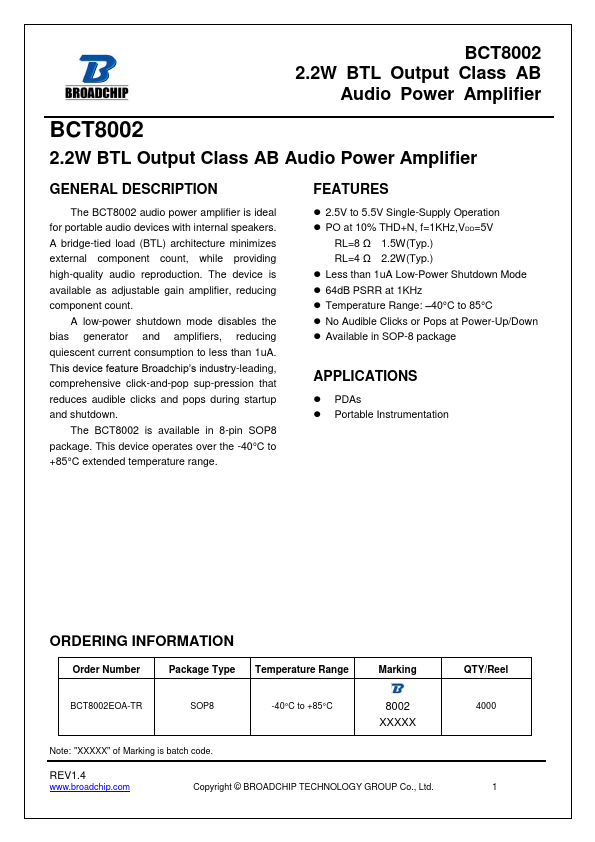 BCT8002 2.2W BTL Output Class AB Audio Power Amplifier by BROADCHIP - Datasheet Preview
