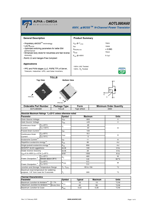 AOTL080A60 600V N-Channel Power Transistor by Alpha & Omega Semiconductors - Datasheet Preview