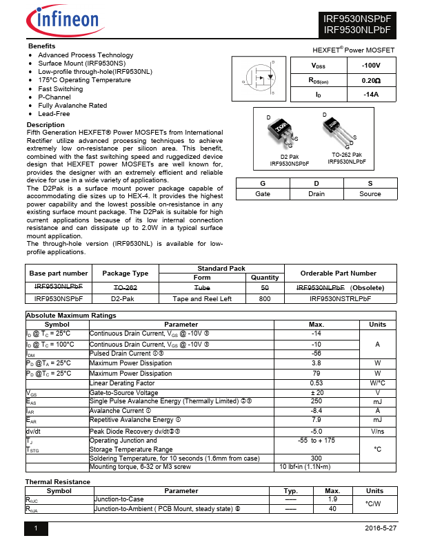 IRF9530NL Power MOSFET by Infineon - Datasheet Preview