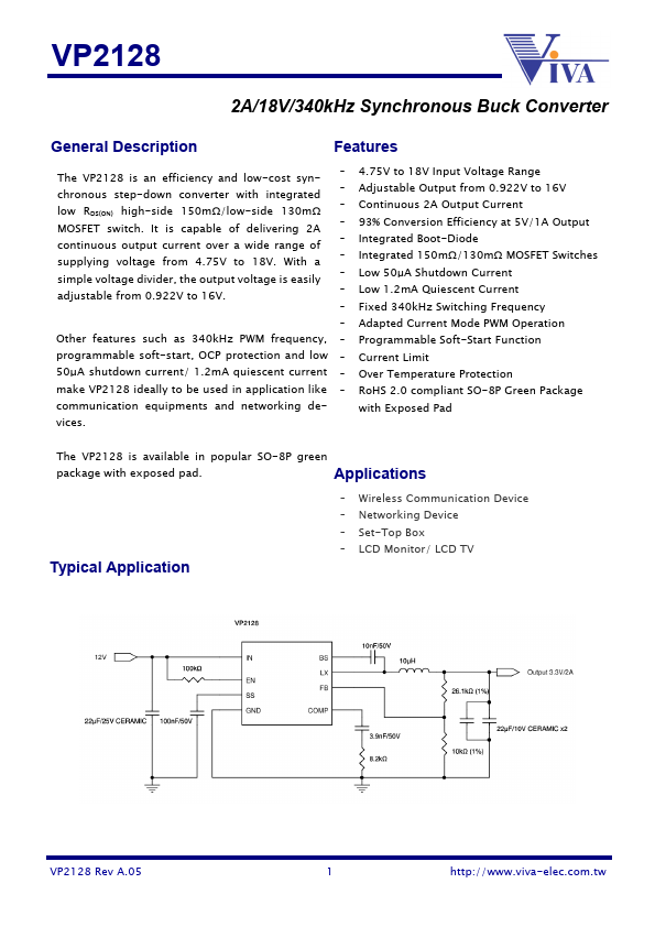 VP2128 Synchronous-Rectified Buck Converter by Viva Electronics - Datasheet Preview