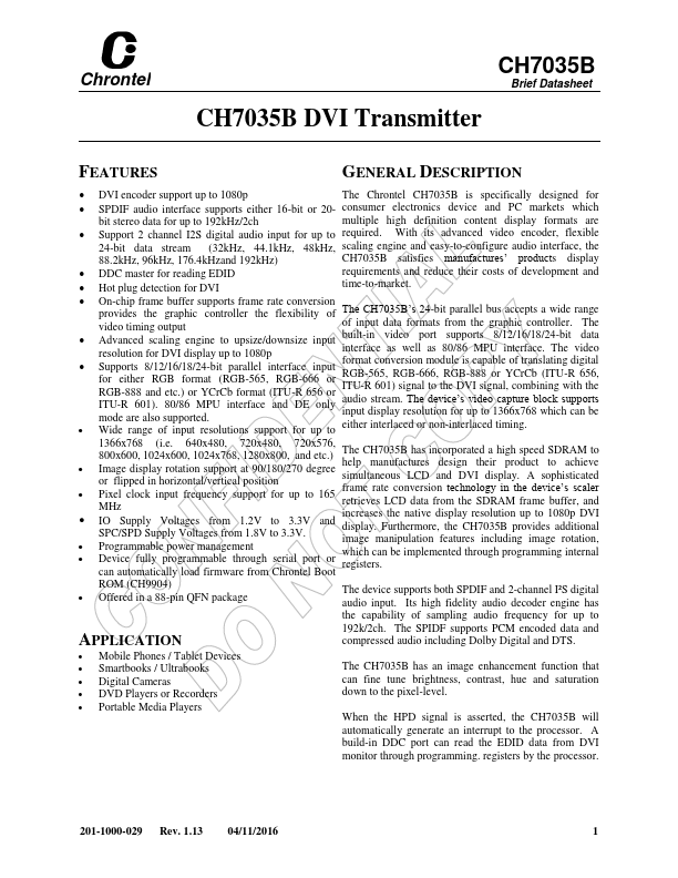 CH7035B DVI Transmitter by Chrontel - Datasheet Preview