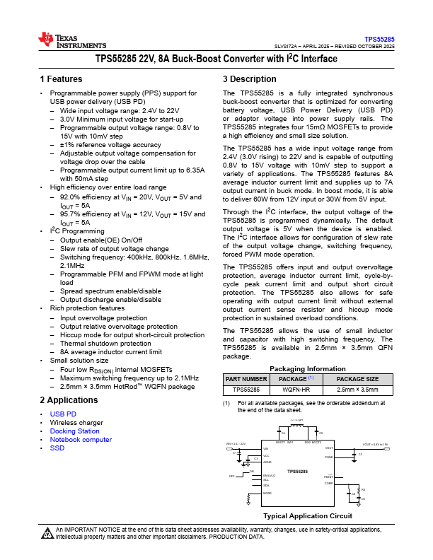 TPS55285 22V 8A Buck-Boost Converter by Texas Instruments - Datasheet Preview