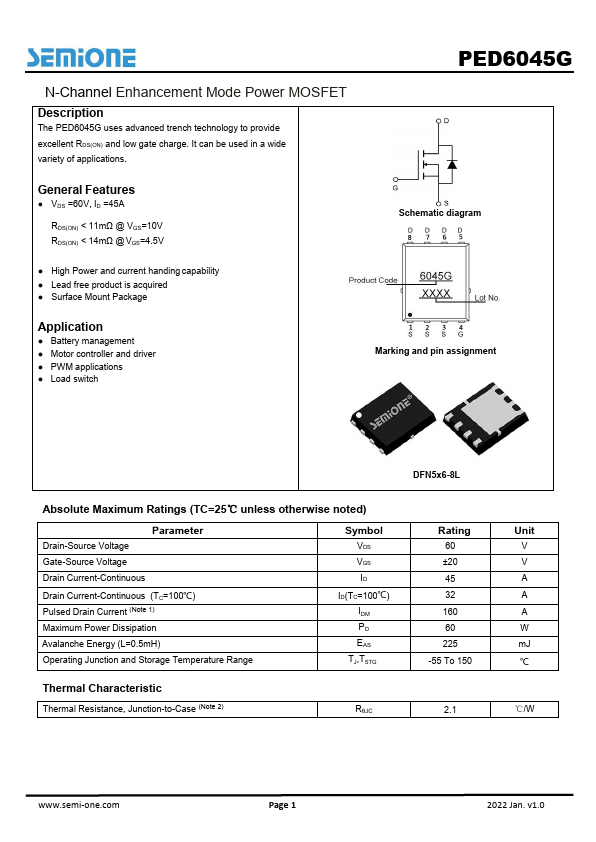 PED6045G N-Channel Enhancement Mode Power MOSFET by semi one - Datasheet Preview