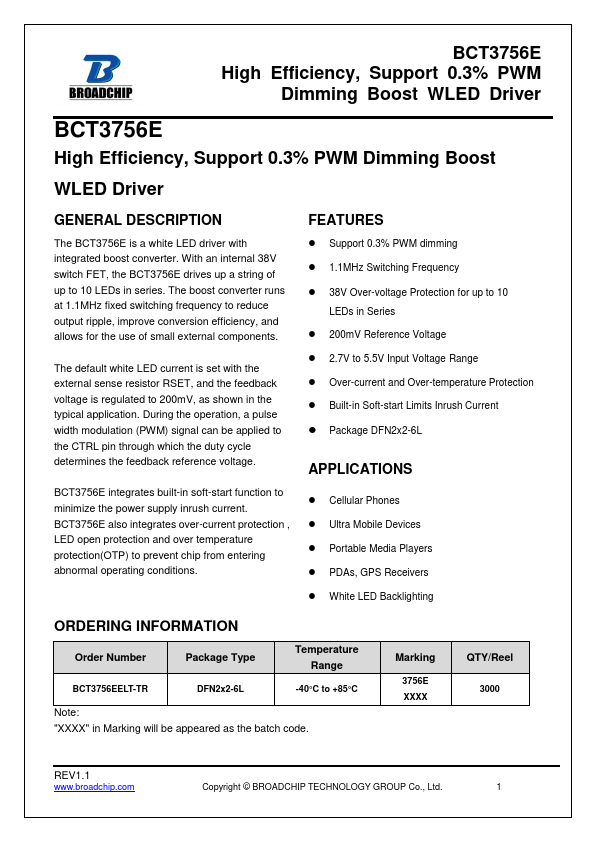 BCT3756E High Efficiency Dimming Boost WLED Driver by BROADCHIP - Datasheet Preview