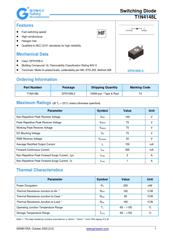 T1N4148L Switching Diode by GME - Datasheet Preview