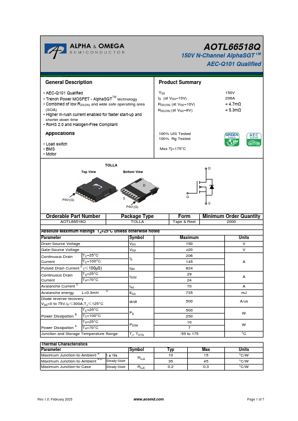 AOTL66518Q 150V N-Channel MOSFET by Alpha & Omega Semiconductors - Datasheet Preview