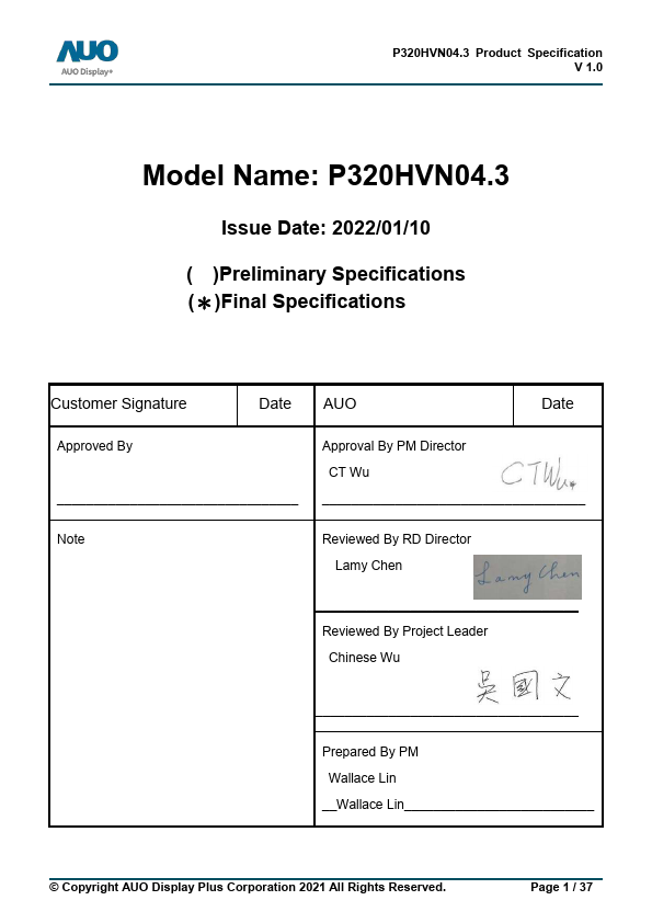 P320HVN04.3 Datasheet Preview