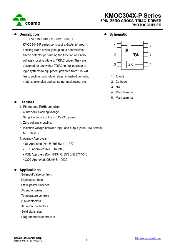 KMOC3041-P 6PIN ZERO-CROSS TRIAC DRIVER PHOTOCOUPLER by Cosmo - Datasheet Preview