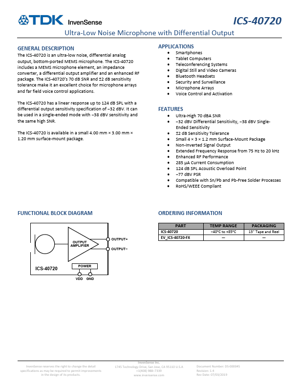 ICS-40720 Ultra-Low Noise Microphone by TDK - Datasheet Preview
