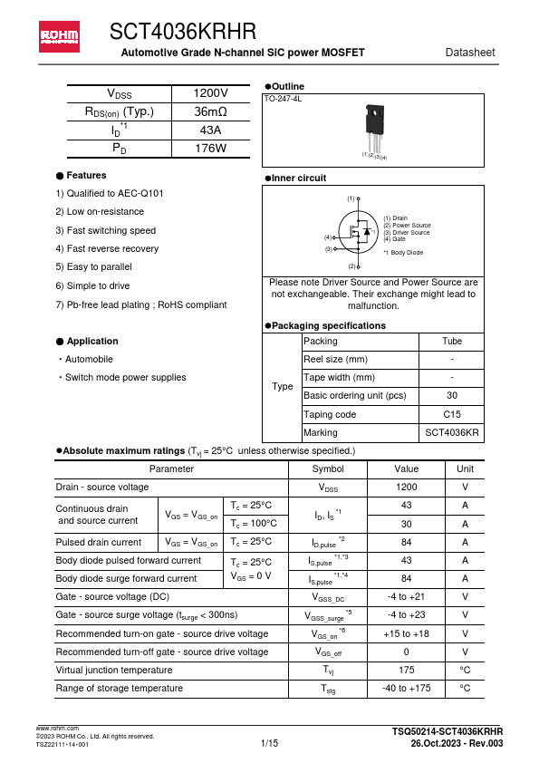 SCT4036KRHR Automotive Grade N-channel SiC power MOSFET by ROHM - Datasheet Preview