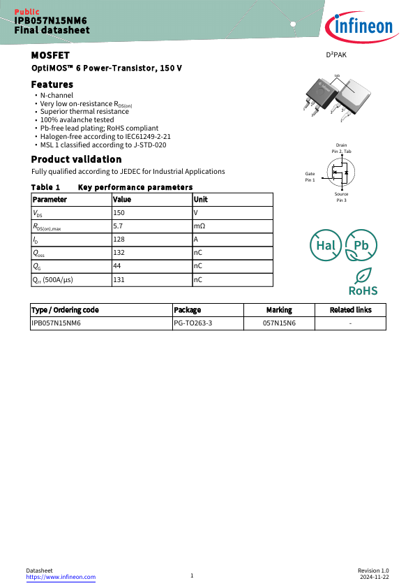 IPB057N15NM6 Datasheet Preview