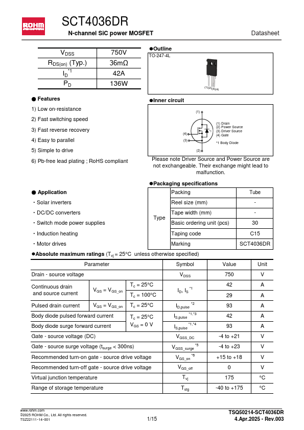 SCT4036DR N-channel SiC power MOSFET by ROHM - Datasheet Preview