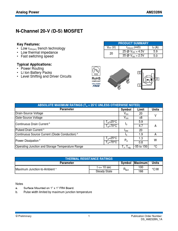 AM2328N N-Channel 20V MOSFET by Analog Power - Datasheet Preview