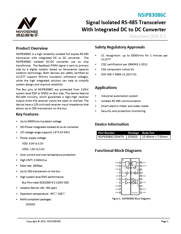 NSiP83086C Signal Isolated RS-485 Transceiver by NOVOSENSE - Datasheet Preview