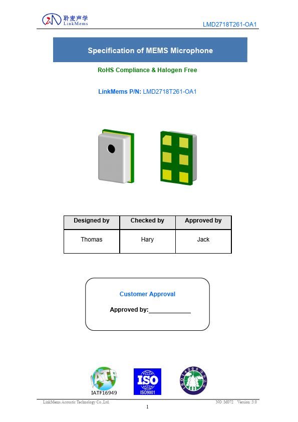 LMD2718T261-OA1 MEMS Microphone by LinkMems - Datasheet Preview