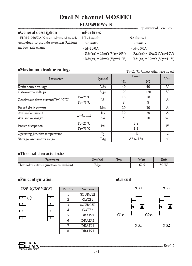ELM54910WA-N Dual N-channel MOSFET by ELM - Datasheet Preview