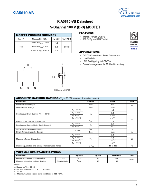 KIA5610 N-Channel 100V MOSFET by VBsemi - Datasheet Preview