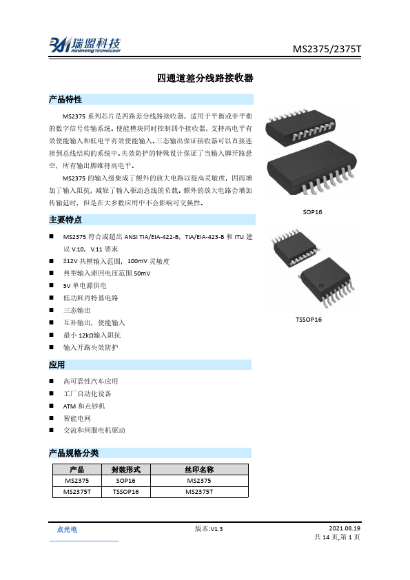 MS2375 Four-channel differential line receiver by Ruimeng - Datasheet Preview