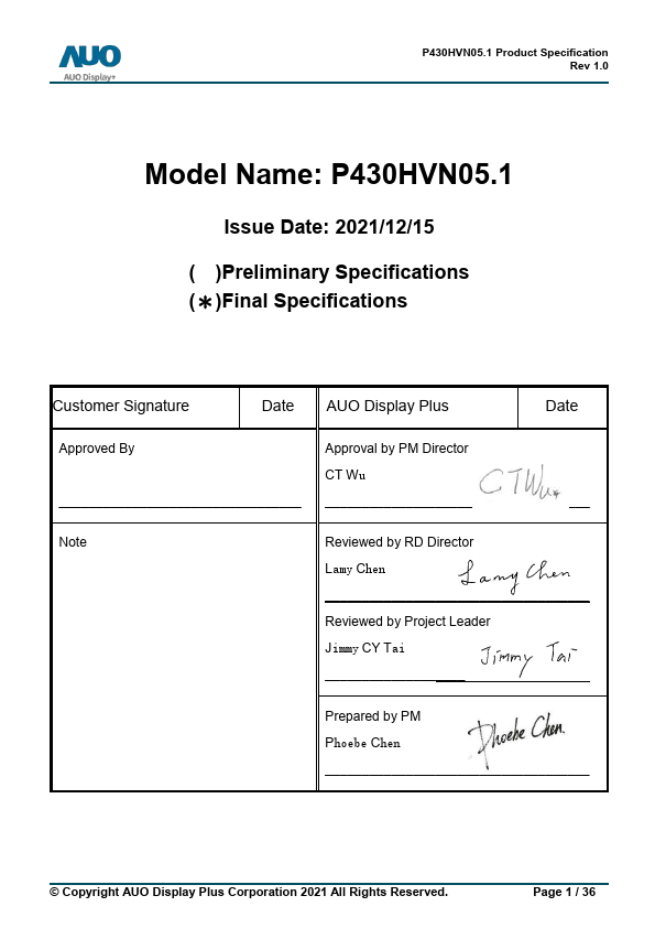 P430HVN05.1 Datasheet Preview