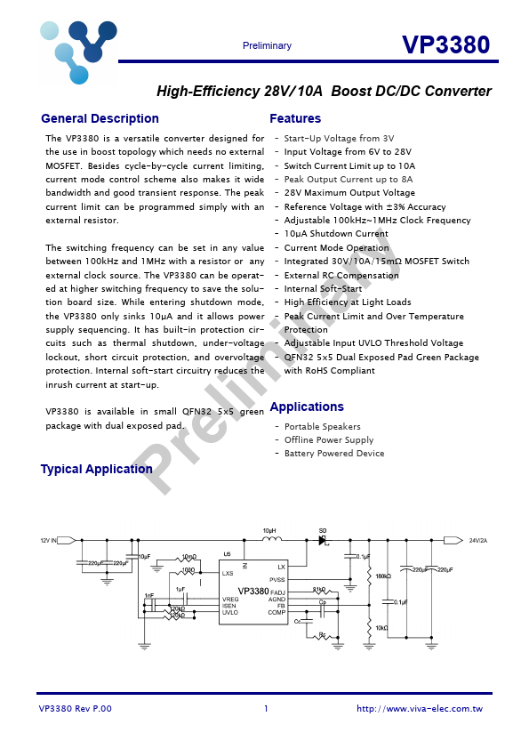 VP3380 High-Efficiency 28V/ 10A Boost DC/DC Converter by Viva Electronics - Datasheet Preview