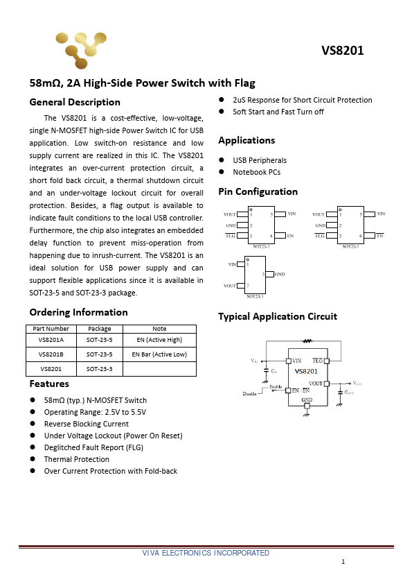 VS8201 2A High-Side Power Switch by Viva Electronics - Datasheet Preview