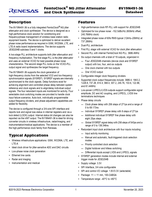 8V19N491-36 NG Jitter Attenuator and Clock Synthesizer by Renesas - Datasheet Preview