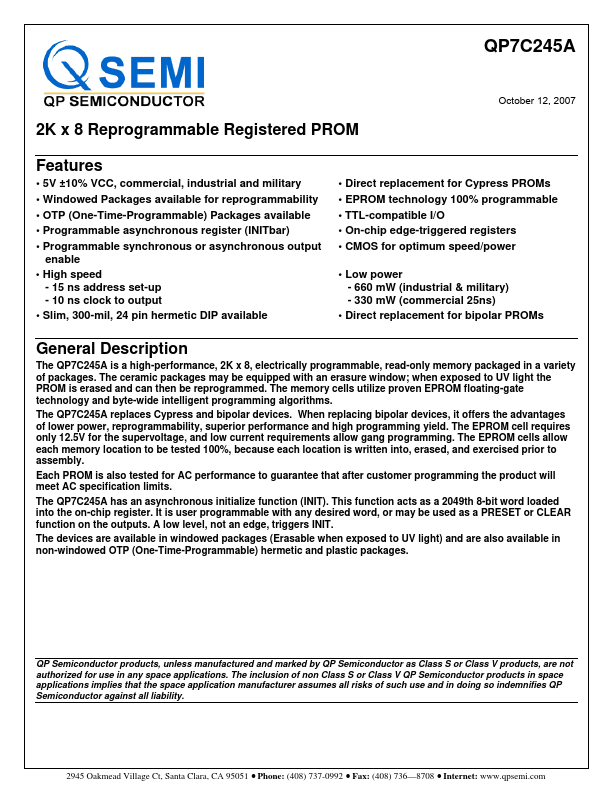 QP7C245A 2K x 8 Reprogrammable Registered PROM by QP Semiconductor - Datasheet Preview