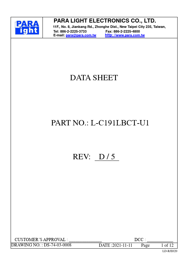 L-C191LBCT-U1 SURFACE MOUNT DEVICE LED by PARA LIGHT - Datasheet Preview