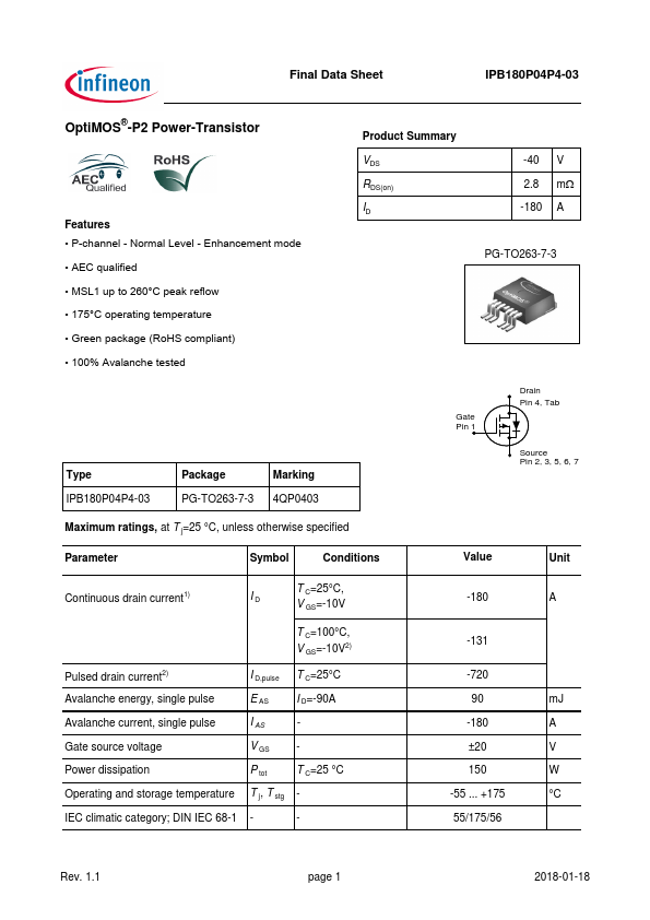IPB180P04P4-03 Datasheet Preview