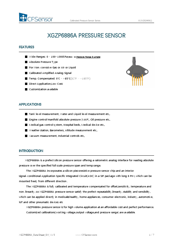 XGZP6886A Calibrated Pressure Sensor by CFSensor - Datasheet Preview