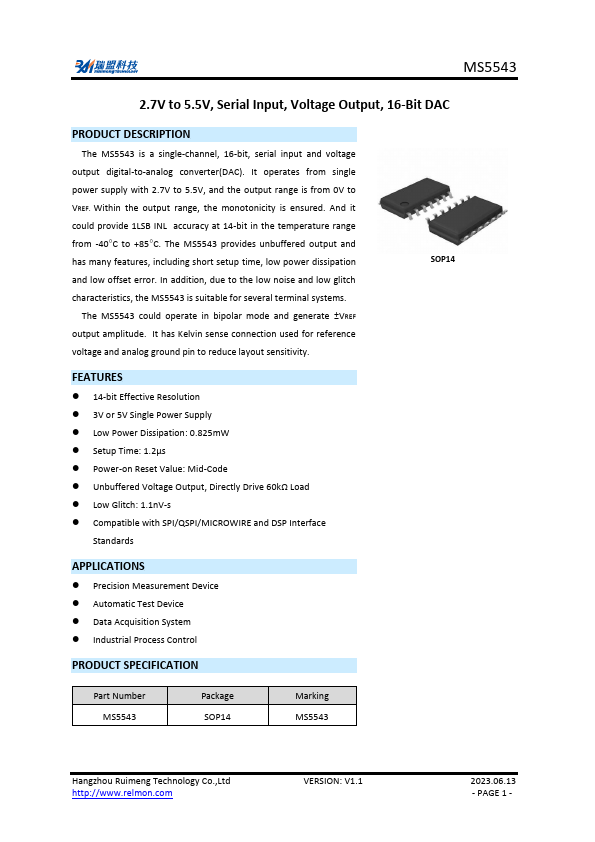 MS5543 16-Bit DAC by Ruimeng - Datasheet Preview