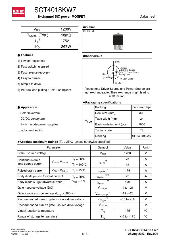 SCT4018KW7 N-channel SiC power MOSFET by ROHM - Datasheet Preview