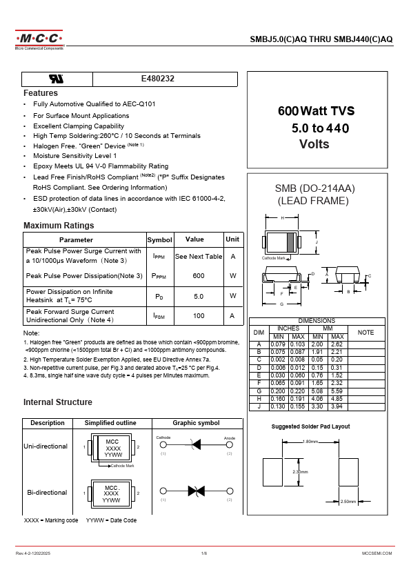 SMBJ130CAQ 600 Watt TVS by MCC - Datasheet Preview