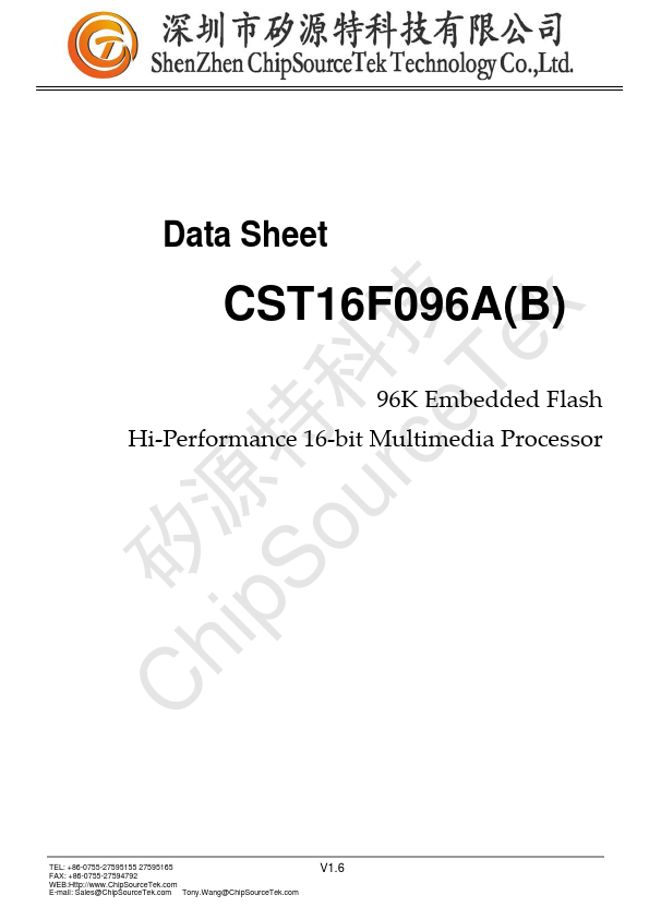 CST16F096B Hi-Performance 16-bit Multimedia Processor by ChipSourceTek - Datasheet Preview