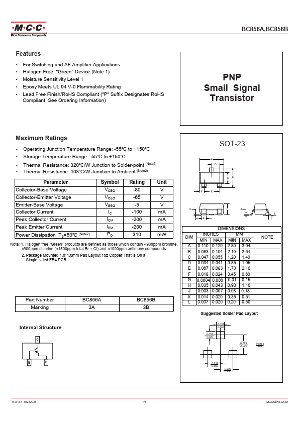 BC856A PNP Small Signal Transistor by Micro Commercial Components - Datasheet Preview