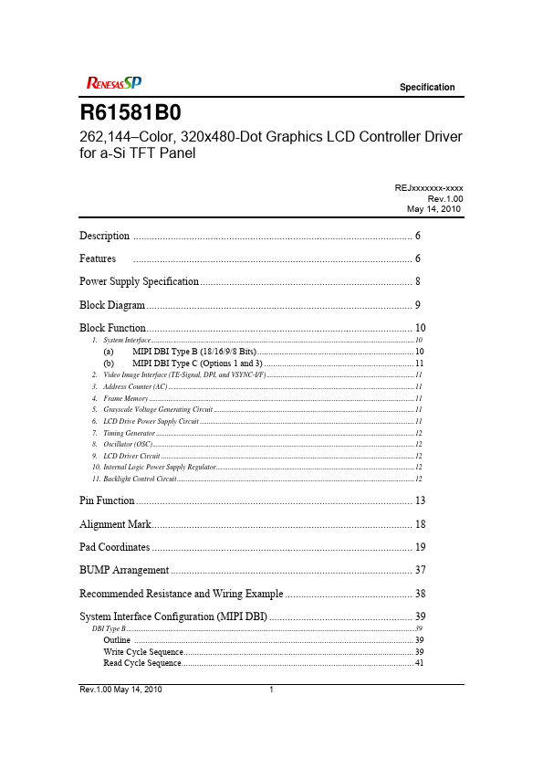R61581B0 Datasheet Preview