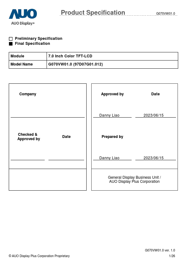 G070VW01.0 Datasheet Preview