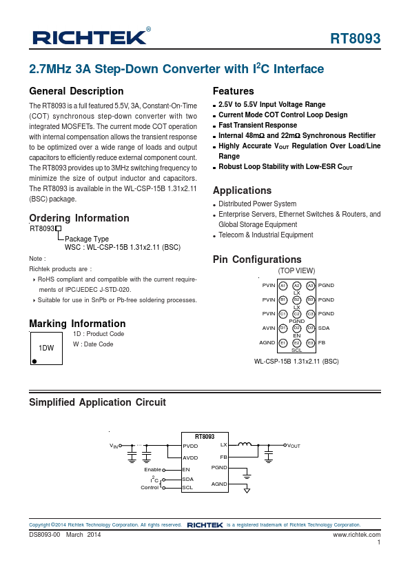 RT8093 2.7MHz 3A Step-Down Converter by Richtek - Datasheet Preview