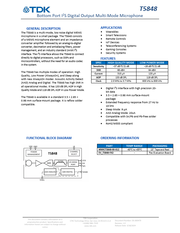 T5848 Bottom Port I2S Digital Output Multi-Mode Microphone by TDK - Datasheet Preview