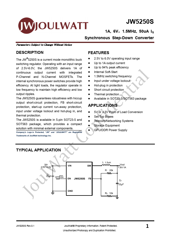 JW5250S 1A 6V Synchronous Step-Down Converter by JoulWatt - Datasheet Preview
