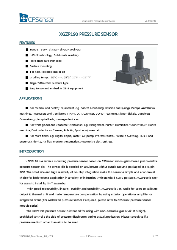 XGZP190 Unamplified Pressure Sensor by CFSensor - Datasheet Preview