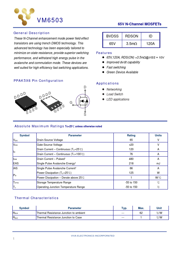 VM6503 65V N-Channel MOSFET by Viva Electronics - Datasheet Preview