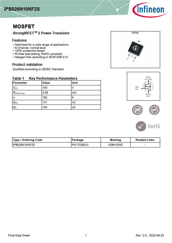 IPB026N10NF2S Datasheet Preview