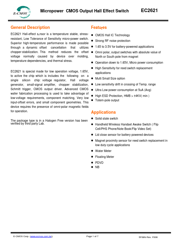 EC2621 Micropower CMOS Output Hall Effect Switch by E-CMOS - Datasheet Preview