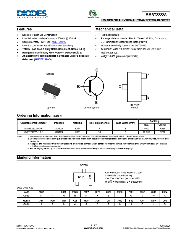 MMBT2222A 40V NPN SMALL SIGNAL TRANSISTOR by Diodes - Datasheet Preview